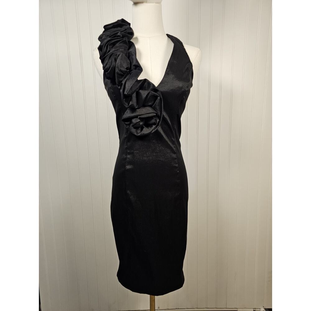 Cache Black Ruffle Bodycon‎ Cocktail Party Mini V-Neck Dress Women's Size 8